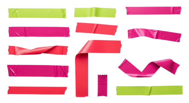 Colorful Adhesive Tape Strips Pink, Red, and Green Duct Tape Pieces for Crafts and Design. Sets of adhesive duct tape. 13 Pieces of crumpled duct tape - Powered by Adobe