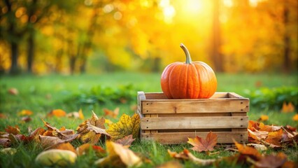 A solitary pumpkin sits atop a wooden crate in the middle of a lush green field with autumn leaves scattered around it