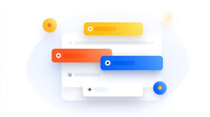 Minimalist modern design with soft light-blue circular background featuring three colored rounded rectangles: yellow, orange, and blue, each with white circular icons. Includes search-like elements, 