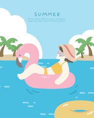 Hand drawn summer template background on the ocean with people and swim ring.
