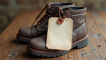 Brown Leather Boots with Blank Tag on a Wooden Surface - Retail Concept