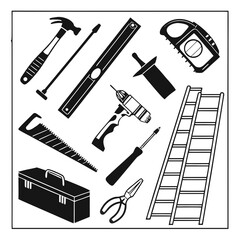 Obraz premium A black silhouette set of construction work tools icons illustration, including hammer, wrench, saw, drill, and screwdriver