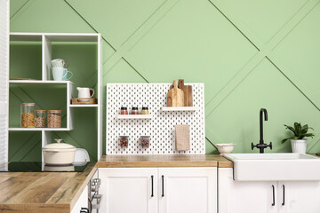 Pegboard, sink and houseplant in kitchen near green wall
