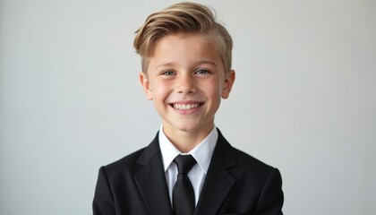Young boy in black suit and tie smiles confidently. Front portrait showcases a schoolboy with neat hair and bright blue eyes. This image conveys professionalism, success, and childhood innocence.