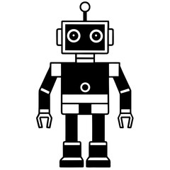 Fototapeta premium A cute, fun, black and white cartoon robot toy with a sign, a retro-futuristic mechanical character illustration