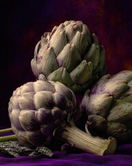 Obraz premium Vibrant fresh globe artichokes with purple and green leaves on dark fabric background for healthy food or cooking recipes