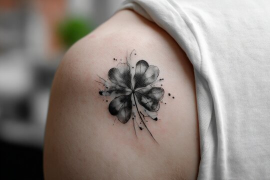 Close-up of a detailed black and gray four-leaf clover shoulder tattoo on fair-skinned person's upper arm with shaded petals and ink splashes