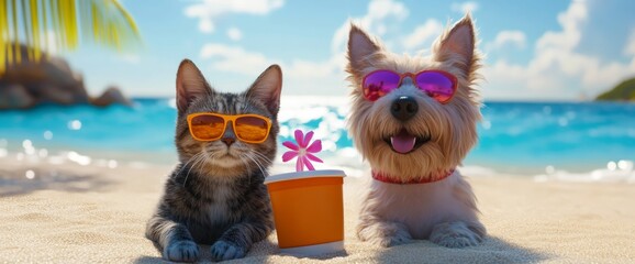 A cat and dog sit on the warm sandy beach under the summer sun. Both wear cool sunglasses while a colorful drink sits beside them. The ocean waves create a serene background