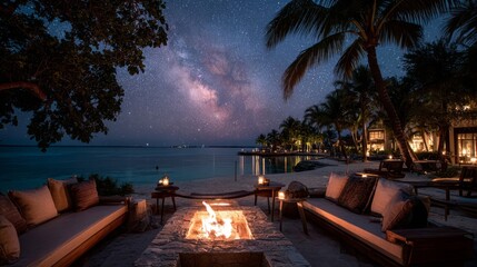 Tropical Beach Night Scene with Milky Way and Fire Pit