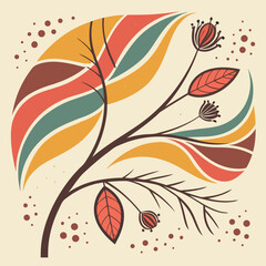 Illustration of a stylized tree branch with leaves and flowers against a circular background shape