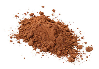 A pile of brown cocoa powder isolated on a black background with some scattered around the pile area