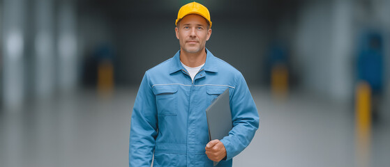 A confident male worker in a blue uniform and yellow hard hat stands, holding a folder, in an industrial setting.