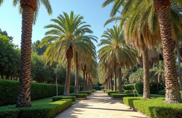 Fototapeta premium Silver date palm trees, Phoenix sylvestris, line garden path. Rich green hedges and trees frame walkway. Clear blue sky above. Serene natural landscape perfect for travel, vacation, and garden themes.