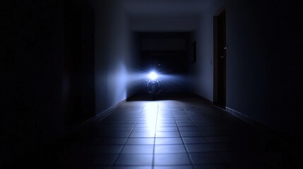 Motorcycle Headlight Illuminates Dark Hallway, Dramatic Lighting, Conceptual, Mystery, Perspective.