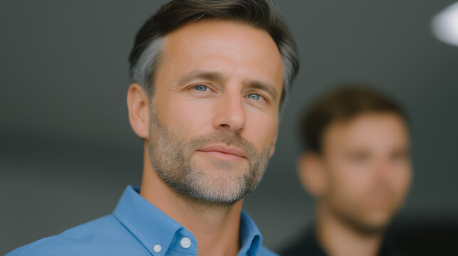 A distinguished middle-aged man with blue eyes and a beard looks directly at the camera, wearing a blue shirt, with a blurred figure in the background.
