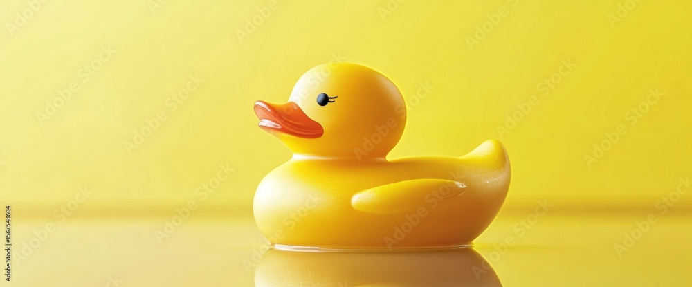 Poster a bright yellow rubber duck is gently floating on a smooth reflective surface. the cheerful yellow b