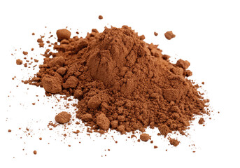 A mound of cocoa powder with loose clumps scattered around it on a black background with white specks