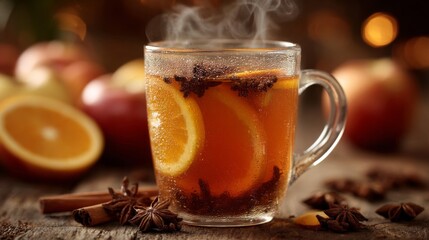 Warm Spiced Apple Cider in Glass Mug on Wooden Table