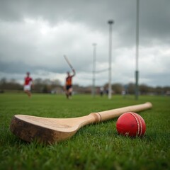 Hurling stick and sliotar ball on grassy field. Players in motion with goalposts in distance. Traditional Irish sport scene under cloudy sky. Dynamic game activity.