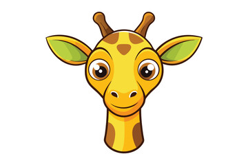 Smiling cartoon giraffe head with large eyes and green tipped ears looks forward cheerfully
