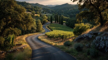 Fototapeta premium Winding Country Road Through Sunlit Vineyard Hills at Sunset