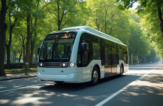 Autonomous electric shuttle bus drives on green urban road lined with trees. Smart vehicle concept future mobility, public transit innovation with advanced sensors, automated technology for city