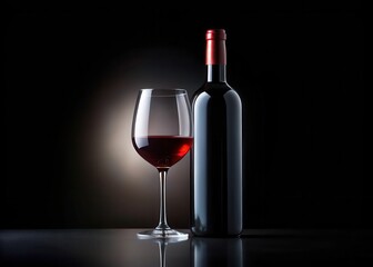 Dark red wine bottle with glass on black background silhouette for wine lover
