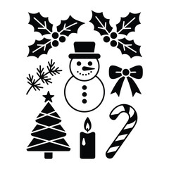 Christmas Winter Holiday Black and White Icons Set