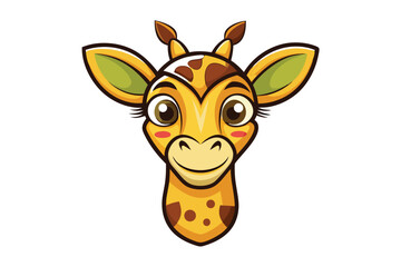 Friendly cartoon giraffe presents its face with cheerful eyes on a white background