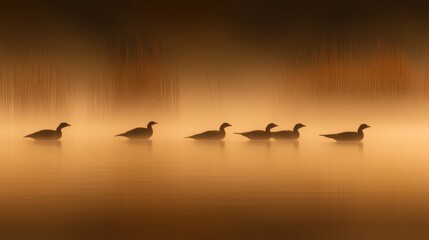 Silhouetted Ducks Glide Through Golden Mist on Calm Water