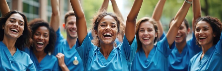 Diverse group of medical students in blue nursing uniforms cheer, raise arms in celebration on campus. Young men, women express joy, teamwork, excitement, signifying achievement in healthcare
