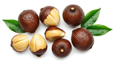 Fresh Aguaje Fruits with Leaves Displayed on a White Background variation 3