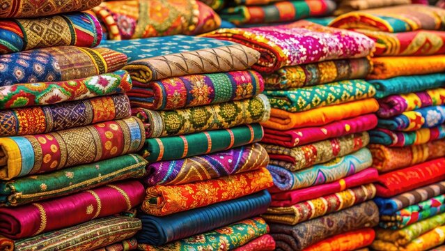 Colorful fabrics folded in a traditional Indian market display vibrant patterns and textures