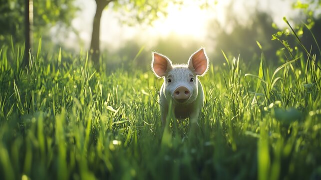 Little piglet roaming in sunny barnyard high resolution picture