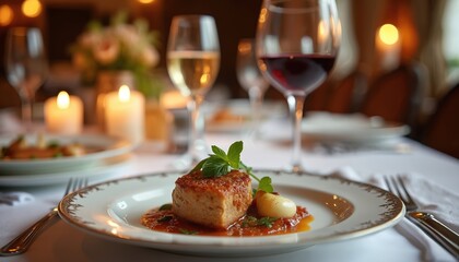 Luxurious main course served elegantly at formal English-style dinner event. Features exquisite food presentation on plate with red, white wine glasses, candles, floral decor in classic hotel country