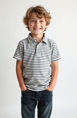 Obraz premium Happy Caucasian boy with blonde wavy hair wears striped polo shirt, jeans. Stands with hands in pockets, smiling confidently against white studio background. Adorable child showing positive emotion,