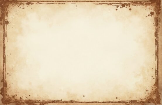 Old brown paper parchment background with distressed vintage stains, ink border. Elegant antique beige color with coffee tea stained border. Faded shabby center. Antique manuscript template for