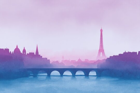 Dreamy lavender twilight envelops Paris' skyline, evoking Bastille Day serenity and Stendhal Syndrome in whimsical watercolor strokes