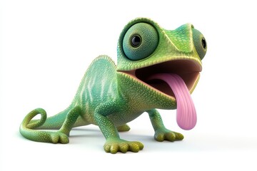 Fototapeta premium Chameleon eyes moving 3d cartoon character on white background