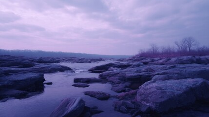 Twilight whispers over ancient river stones, invoking Purple Day musings, surreal waterscape, and ethereal solitude beneath cotton-cloud skies