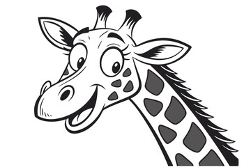 The happy cartoon giraffe is smiling with a black and white outline design