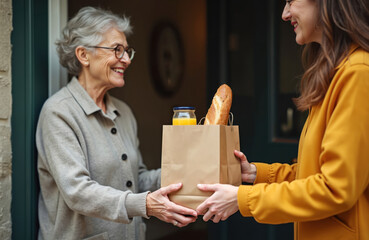 Senior woman receives grocery bag from unrecognizable courier at doorstep. Smiling elderly lady accepts food delivery from delivery person outside house. Online shopping service, home convenience.