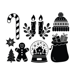 Black and White Christmas Holiday Icons Set