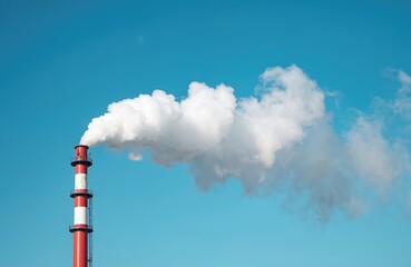 Industrial chimney releases white steam against clear blue sky. Image visually represents concepts like industrial processes, technology, environmental emissions. Offers ample copy space for text