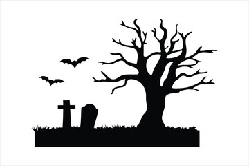 Spooky Halloween Graveyard Scene Silhouette - Bare Tree & Tombstones Vector