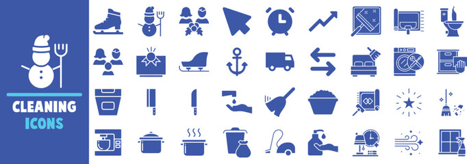 Collection of cleaning and household icons in blue vector design graphic