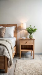 Fototapeta premium Cozy minimalist bedroom with wooden nightstand and soft plush bedding