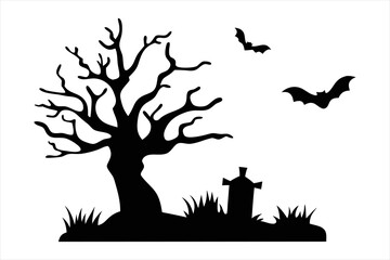 Spooky Halloween Graveyard Scene Silhouette - Bare Tree & Tombstones Vector