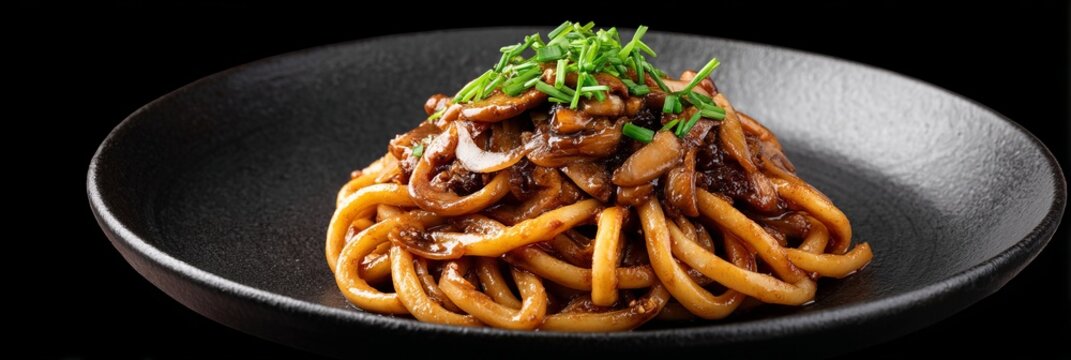 Savory udon noodles twirl among earthy mushrooms, evoking Lunar New Year feasts and Zen garden tranquility in monochrome disharmony