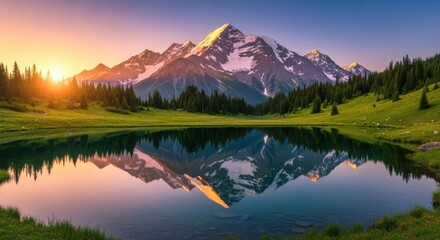 Fototapeta premium Mountain landscape at sunrise with a crystal-clear lake reflecting the peaks